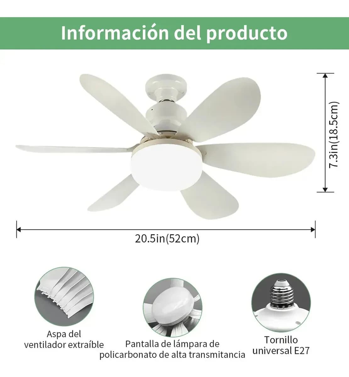 Ventilador de Teto SolViva Com Luz LED e Controle Remoto, 52 cm de Diâmetro, Branco — imagem 2